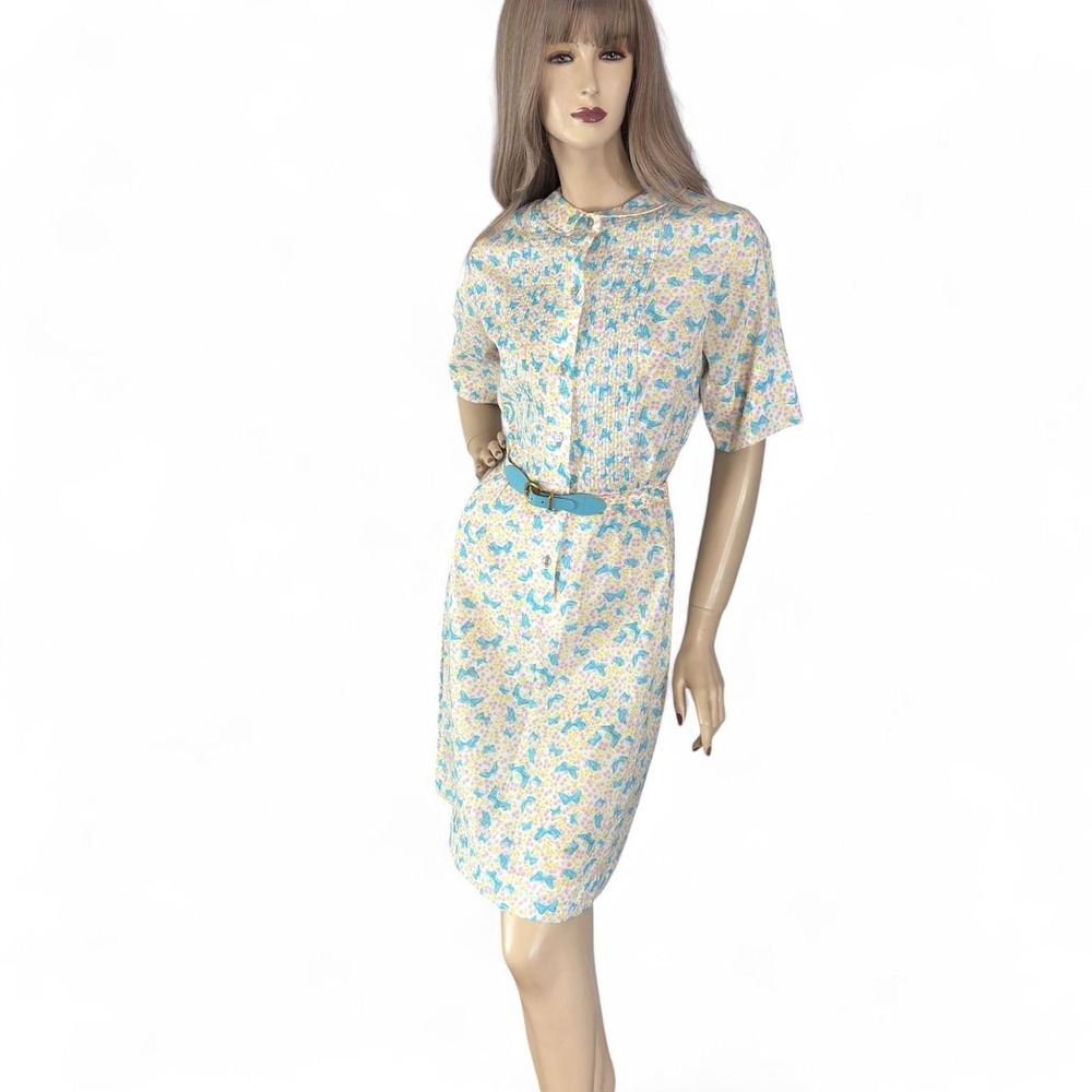 Vintage 1960s Butterfly Print Shift Dress Peter Pan Collar Size Medium